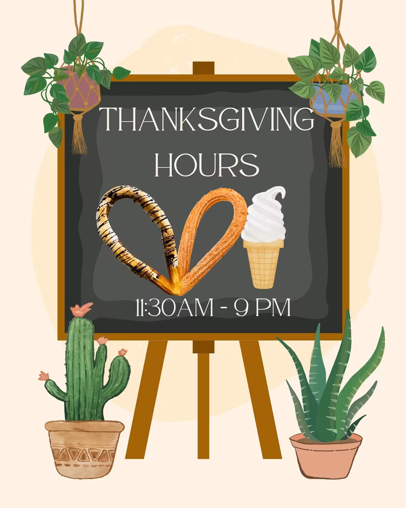Open on Thanksgiving Day from 11:30 AM to 9 PM.
Come enjoy our churros, ice cream and drinks!
Happy Thanksgiving!