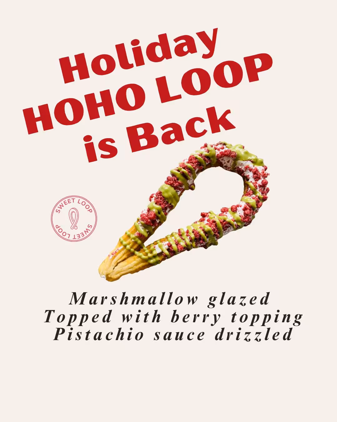 Our winter churro, HoHo Loop, is back! The fruity berry flavour pairs perfectly with our nutty pistachio sauce for the dreamiest harmony. Available until the end of February!
#HoHoLoop #WinterChurros #SweetLoop #ChurrosLovers #WaterlooDesserts #WaterlooFoodie
#PistachioLovers #PistachioSauce #SweetTreats
#WinterMenu #HolidayTreats #WinterSpecial #FestiveFlavors #HolidayEats
#Foodstagram #FoodieFinds #DessertLovers #TreatYourself #WaterlooCafe