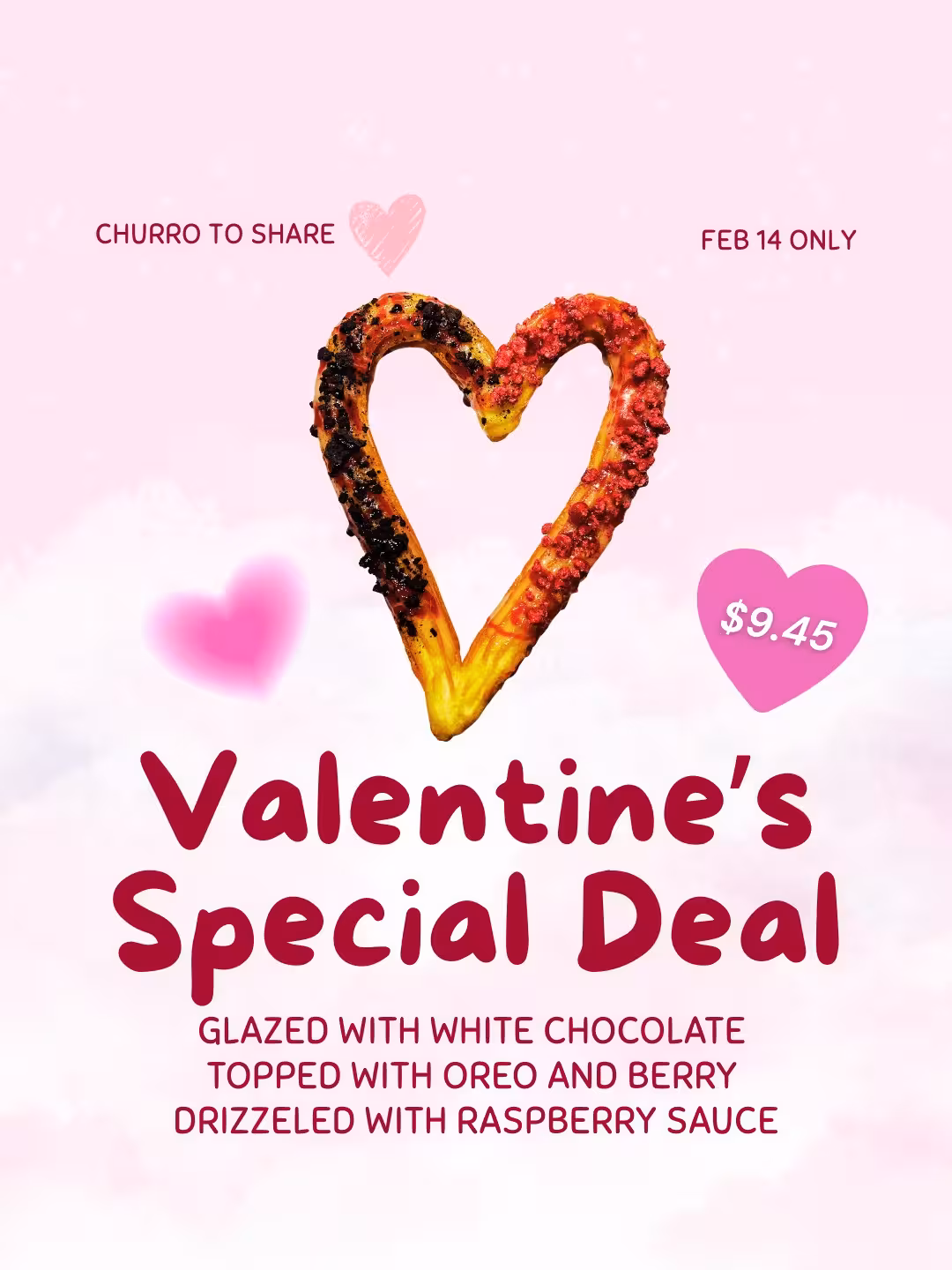 Try our Valentine’s Day special churro – available only on Feb 14th! ❤️
This heart-shaped churro is made to share for two people. Glazed with white chocolate, half is topped with Oreo, and the other half is topped with berry crumbles and drizzled with raspberry sauce.
Available for one day only — Valentine’s Day! 💕