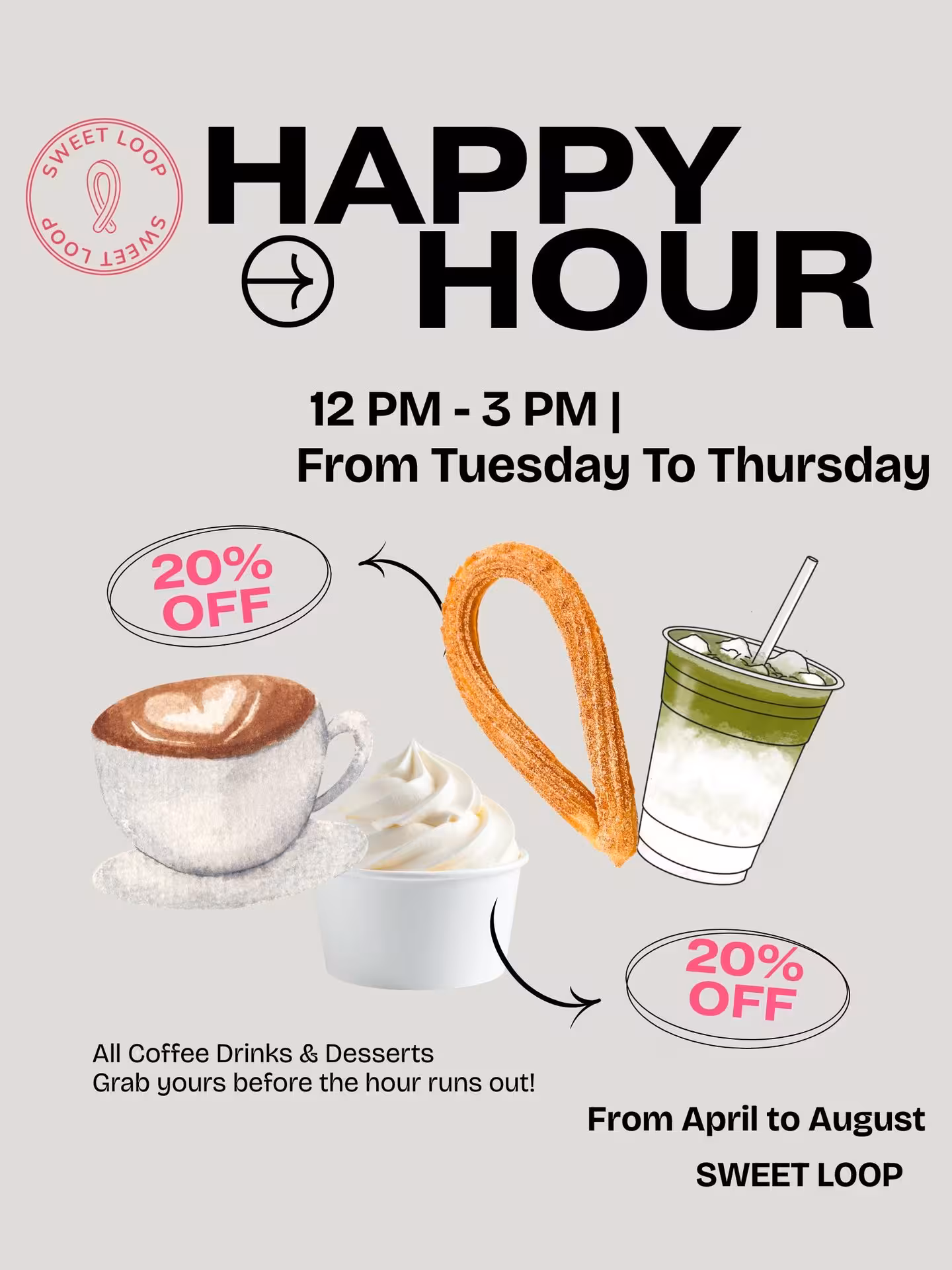 *Happy Hour is here ☀️
April – August | 12PM – 3PM
Enjoy 20% off all menu items
Order before 3PM • Holidays excluded