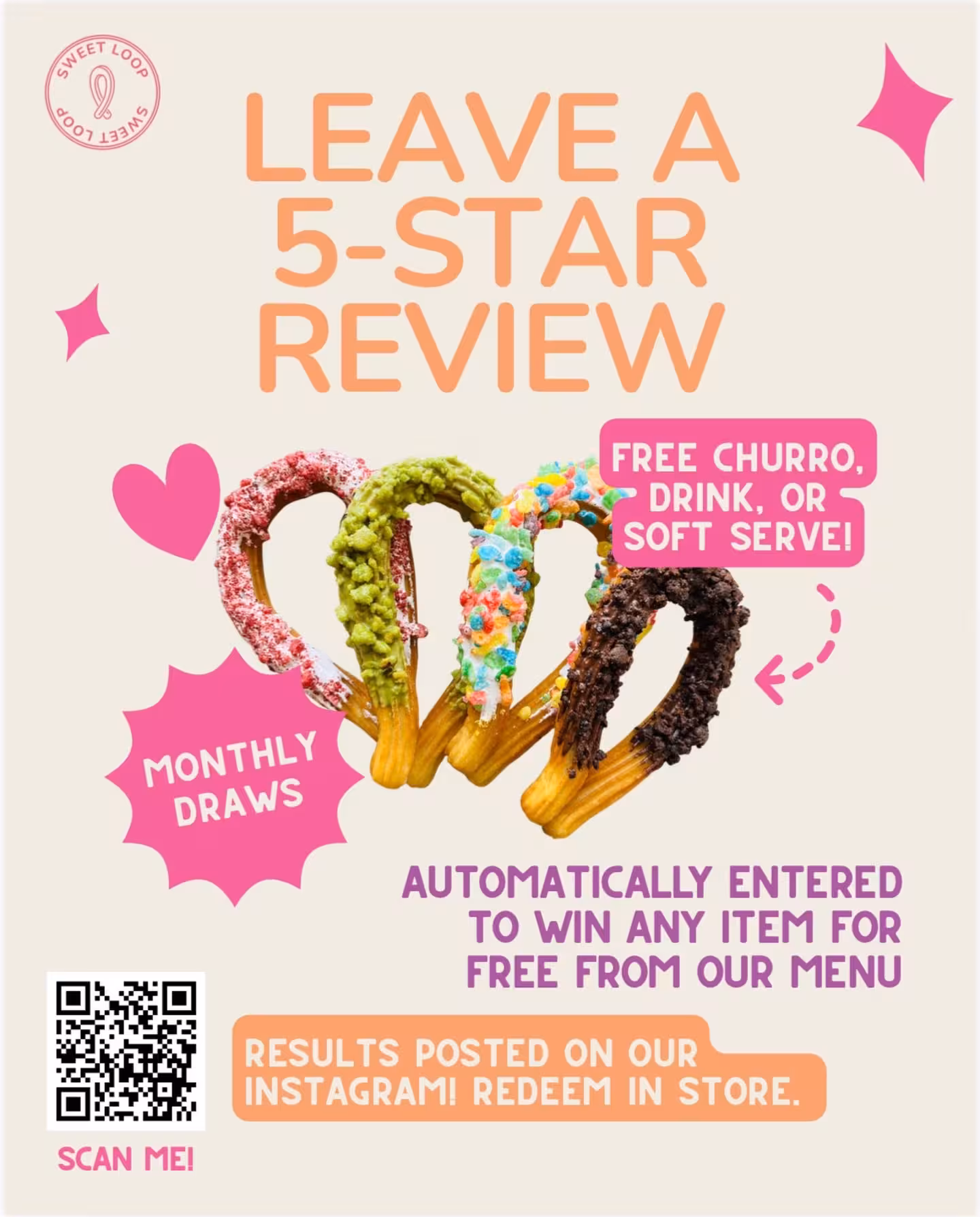 🎟️🍦 Enter to win any free item off our menu! Just leave a five star Google review, and we’ll draw one name each month! 

Results will be posted to our Instagram, so be sure so check in! 

Matcha, Churros, Soft Serve, and more! 

#waterloo #desserts #latenights #nightlife #sweetloop